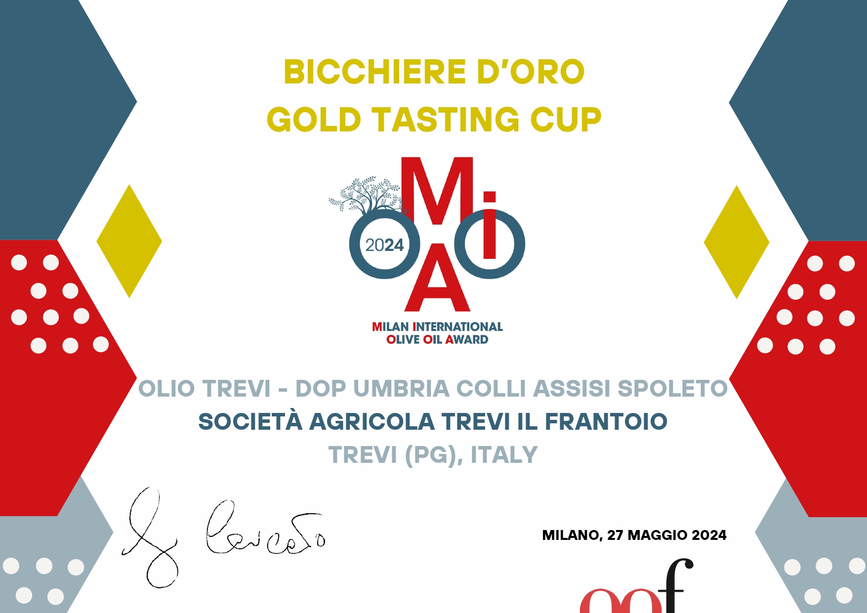 Il Frantoio - Olio Trevi vince il bicchiere d'oro al MIOOA