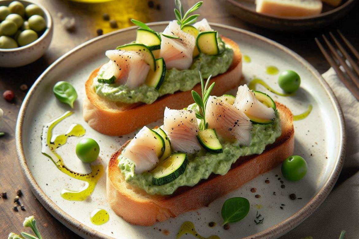 Bruschette con crema di zucchine e tocchetti di pesce spada con olio EVO