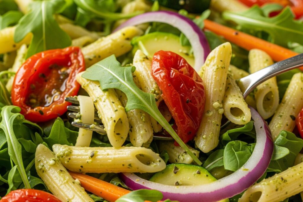 Insalata di pasta fredda con pesto di rucola e pomodorini